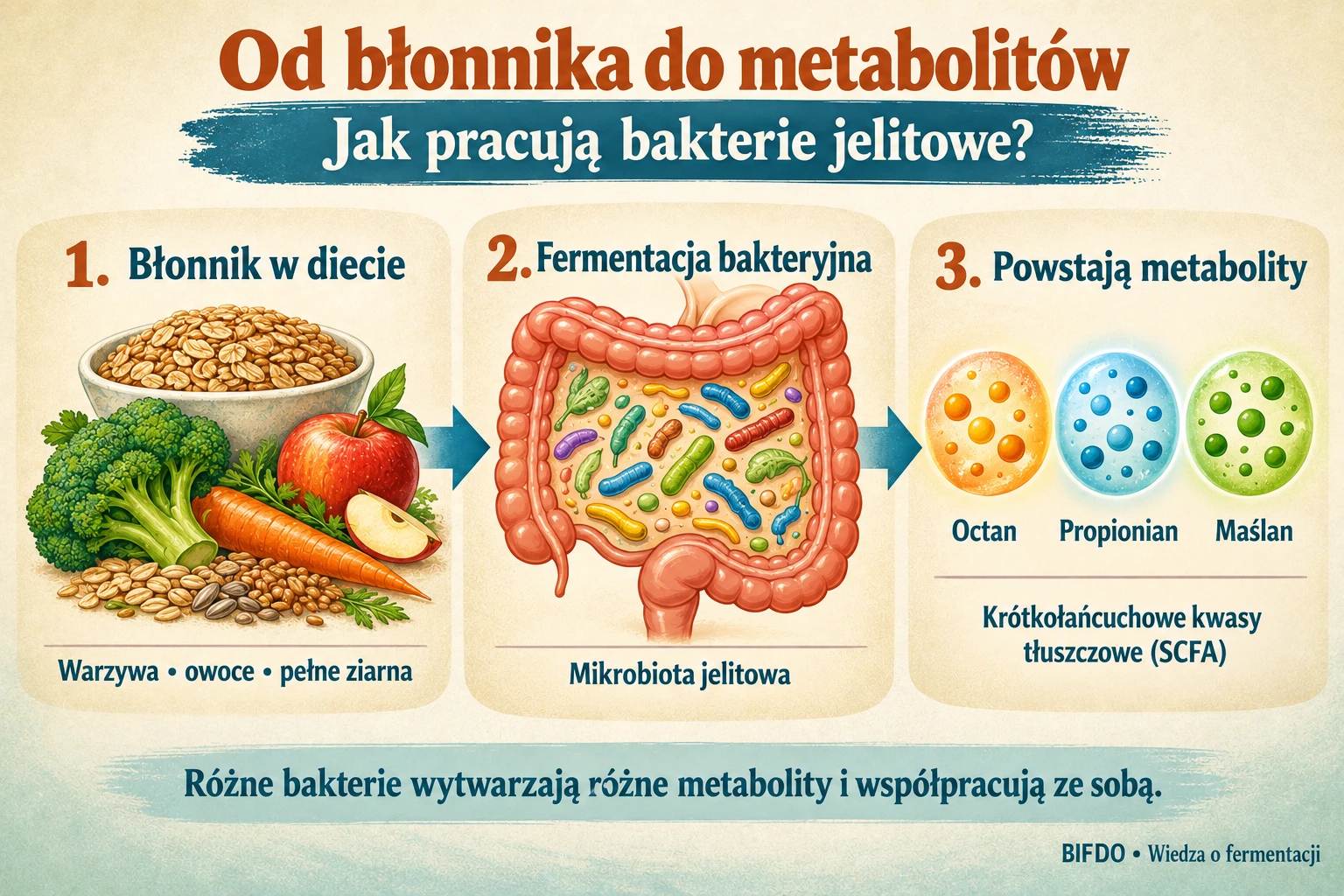 Fermentacja błonnika przez mikrobiotę jelitową i powstawanie krótkołańcuchowych kwasów tłuszczowych.